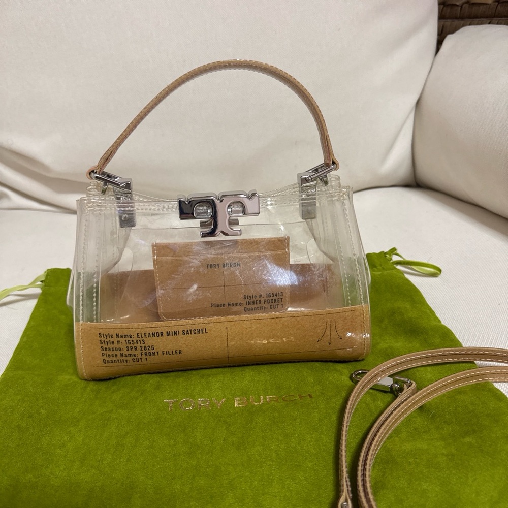 Tory Burch Clear Satchel with Tan Leather Trim and Silver Hardware